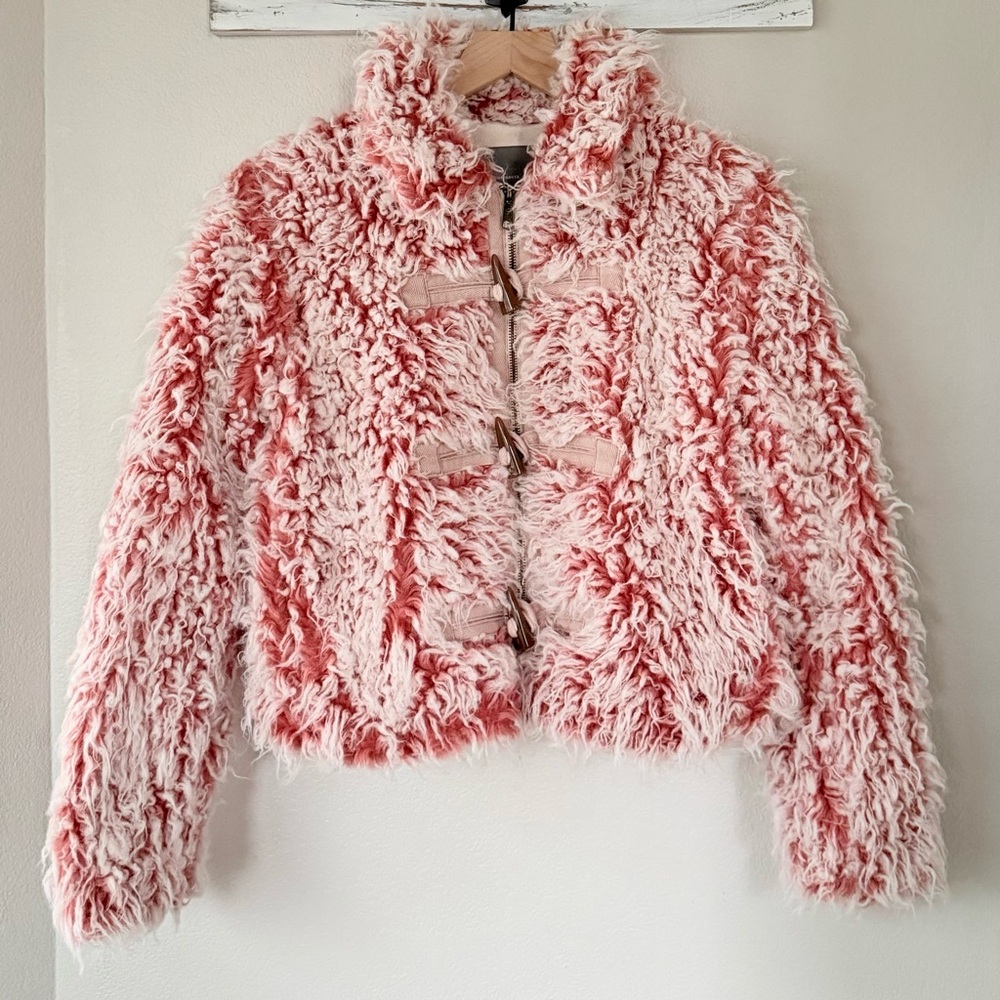 ANTHROPOLOGIE XS Brenna Faux Fur Coat in Pink • Coral Fuzzy Furry Toggle Jacket - Picture 3 of 15